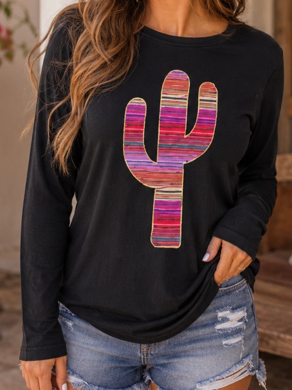 Southern Grace Black Cactus Graphic Long Sleeve Tee Southwestern Top L